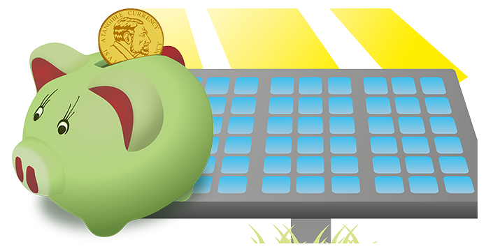 Dibujo de un cerdito ahorrador verde con una moneda en su ranura, posado sobre un panel solar brillante, simbolizando el ahorro de energía solar y la compensación energética.
