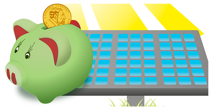 Monedero solar Araba 1 Ilustración de un panel solar con una alcancía verde y una moneda, simbolizando ahorro energético y financiero con monedero solar y batería virtual.