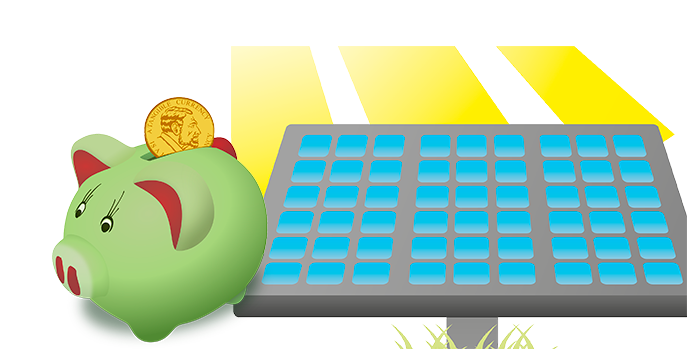 Monedero solar Segovia 1 Ilustración de un panel solar bajo el sol brillante, simbolizando la gestión de excedentes de energía solar, acompañado de una hucha verde con una moneda, representando el ahorro energético en Segovia.