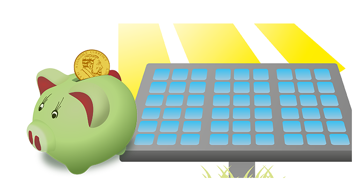 Ilustración de un panel solar al lado de una hucha verde con una moneda, simbolizando el ahorro y la energía solar en Ceuta.
